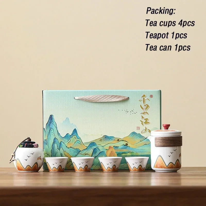 Elegant Chinese-Style Ceramic Tea Set – 4 Cups, Teapot & Tea Canister in Gift Box