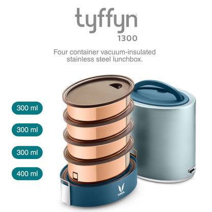 Tyffyn Jumbo Copper-Finished Stainless Steel Lunch Box Without Bagmat, 1300 ml, 4 Containers