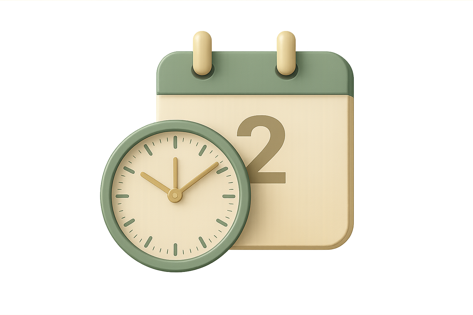 🕒 1. Duration

Prompt:

Ultra-realistic minimalist vector-style icon of a clock combined with a calendar page, symbolizing "2 days (14 hours total)" training duration. Clean professional design in soft neutral tones (sage green, sand beige, muted gold). Transparent background. Ideal for educational or wellness course webpage.

Size: 1024x1024
Transparent background: Yes