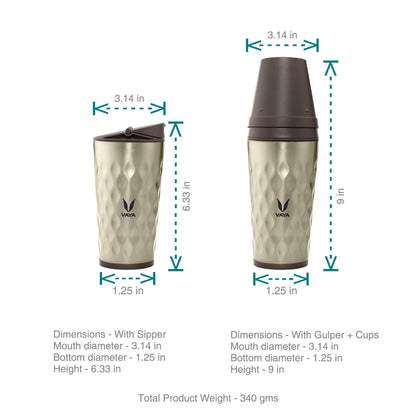 Drynk 350 ml 3 in 1 Vacuum Insulated Stainless Steel Gulper and Sipper Water Bottle (Tumbler+Sipper+Gulper) with 2 Cups, Thermos Flask