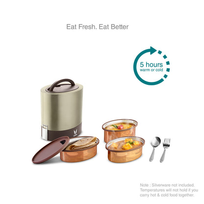 Tyffyn Copper Finished Stainless Steel Lunch Box Without BagMat, 1000 ml, 3 Containers