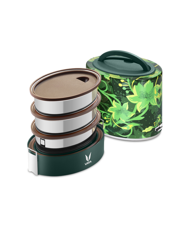 Tyffyn Black Polished Stainless Steel Lunch Box Without Bagmat, 1000 ml, 3 Containers, Black