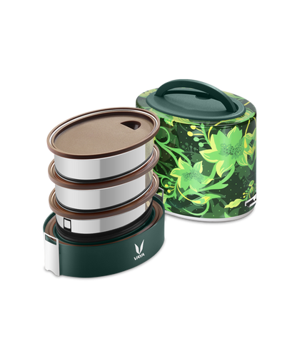 Tyffyn Black Polished Stainless Steel Lunch Box Without Bagmat, 1000 ml, 3 Containers, Black