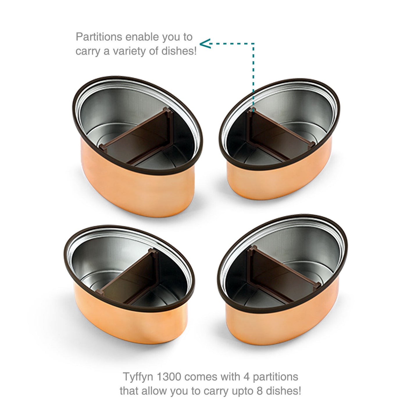 Tyffyn Jumbo Copper-Finished Stainless Steel Lunch Box Without Bagmat, 1300 ml, 4 Containers