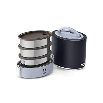 Tyffyn Black Polished Stainless Steel Lunch Box Without Bagmat, 1000 ml, 3 Containers, Black