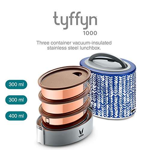 Tyffyn Copper Finished Stainless Steel Lunch Box Without BagMat, 1000 ml, 3 Containers