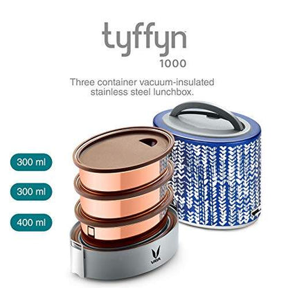 Tyffyn Copper Finished Stainless Steel Lunch Box Without BagMat, 1000 ml, 3 Containers