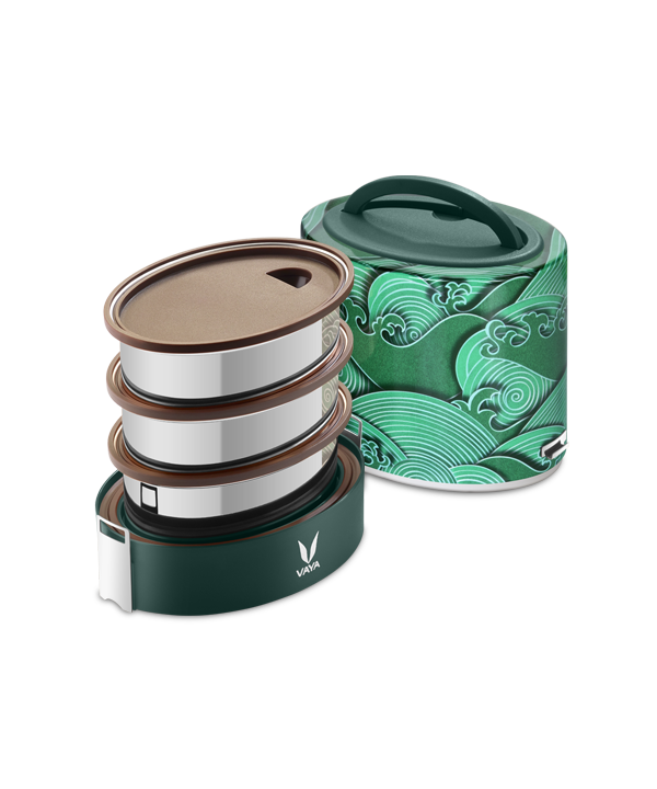 Tyffyn Black Polished Stainless Steel Lunch Box Without Bagmat, 1000 ml, 3 Containers, Black