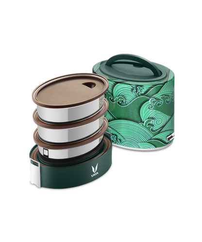 Tyffyn Black Polished Stainless Steel Lunch Box Without Bagmat, 1000 ml, 3 Containers, Black