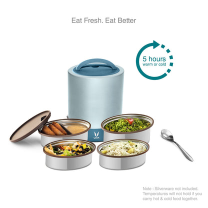 Tyffyn Jumbo Black Polished Stainless Steel Lunch Box Without Bagmat, 1300 ml, 4 Containers, Black