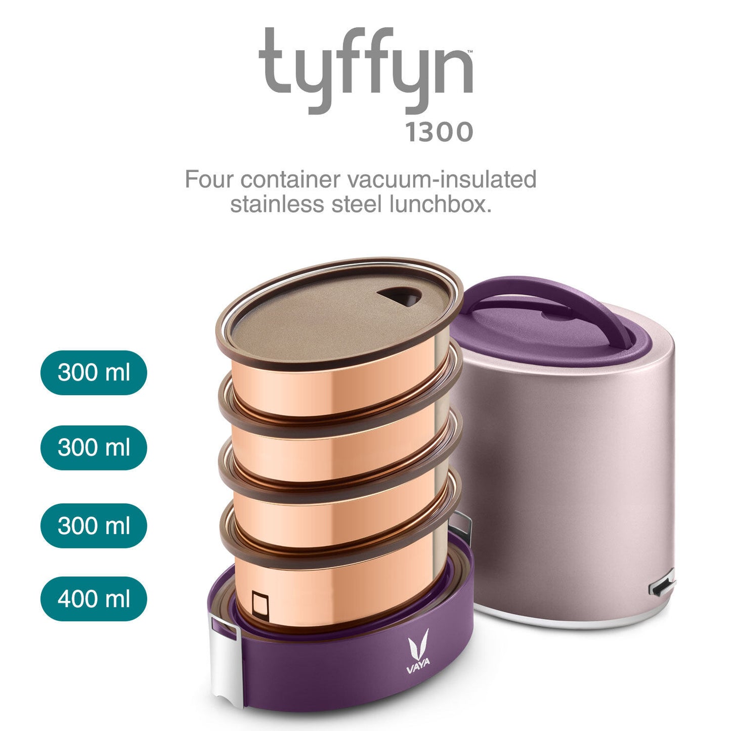 Tyffyn Jumbo Copper-Finished Stainless Steel Lunch Box Without Bagmat, 1300 ml, 4 Containers