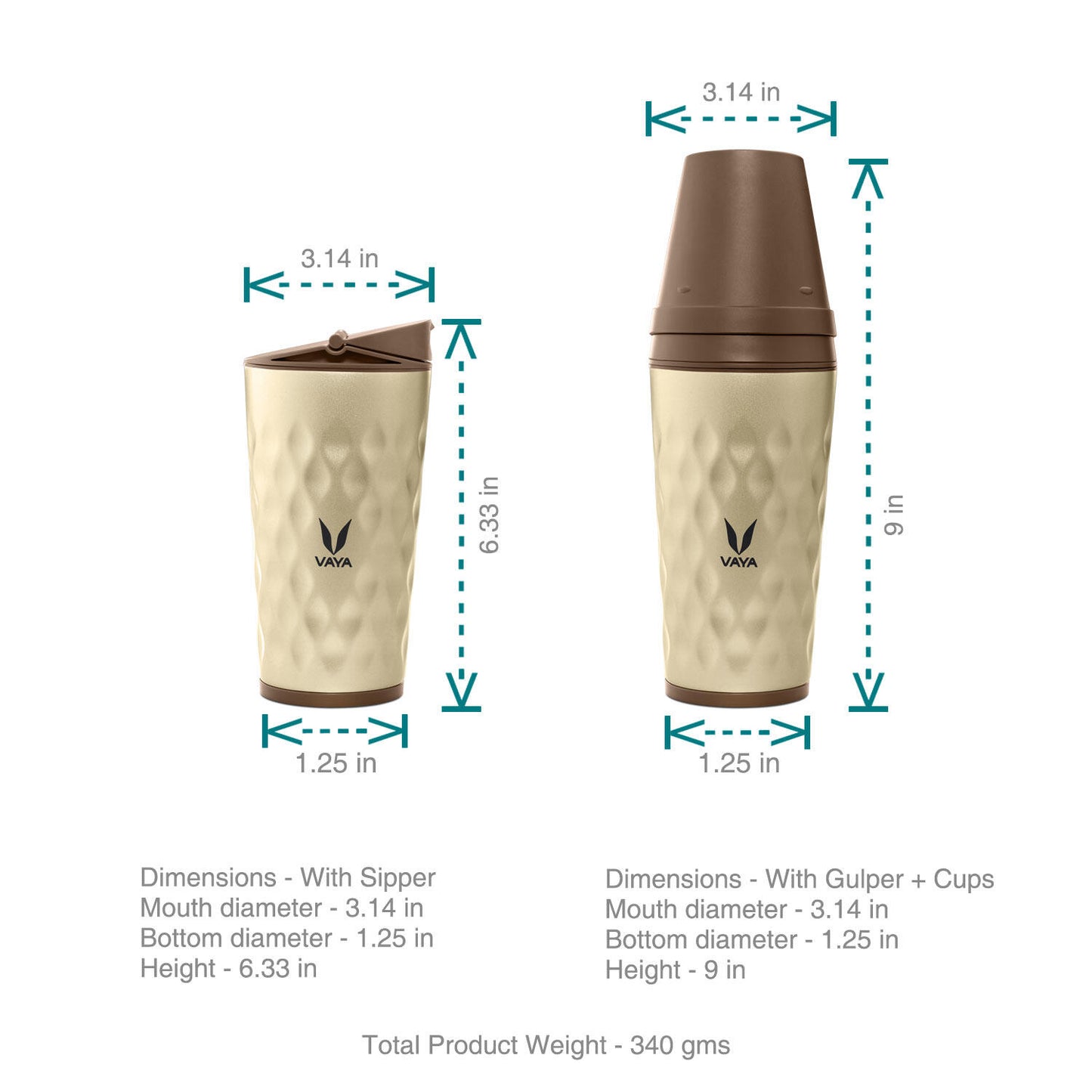 Drynk 350 ml 3 in 1 Vacuum Insulated Stainless Steel Gulper and Sipper Water Bottle (Tumbler+Sipper+Gulper) with 2 Cups, Thermos Flask