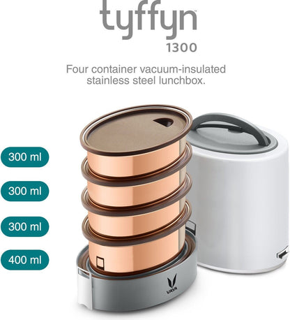 Tyffyn Jumbo Copper-Finished Stainless Steel Lunch Box Without Bagmat, 1300 ml, 4 Containers