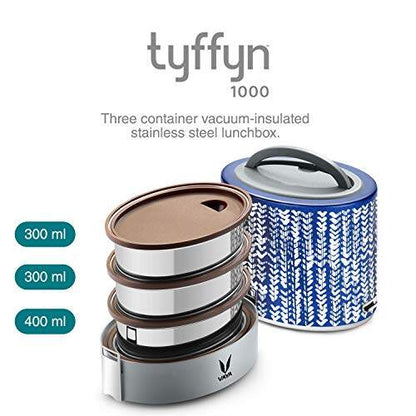 Tyffyn Black Polished Stainless Steel Lunch Box Without Bagmat, 1000 ml, 3 Containers, Black