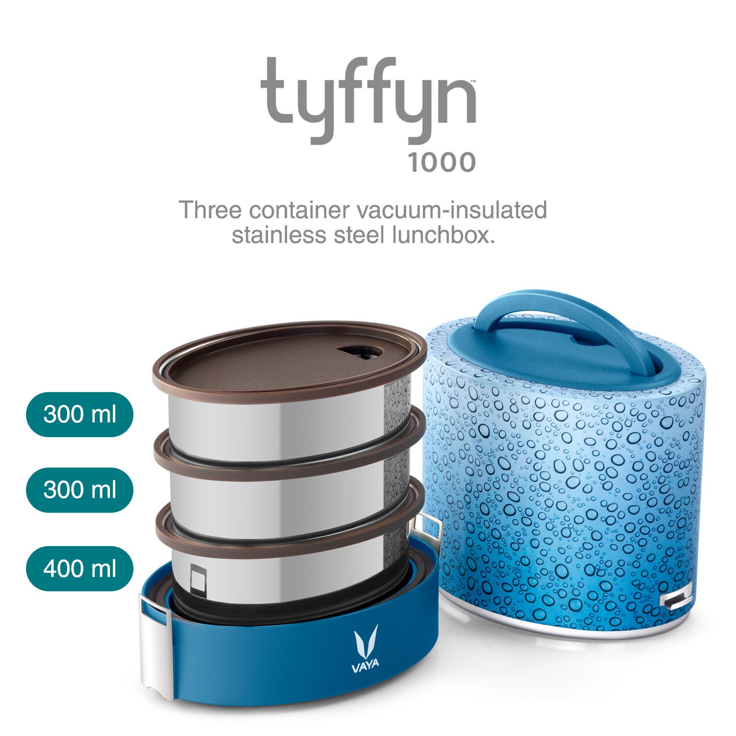 Tyffyn Black Polished Stainless Steel Lunch Box Without Bagmat, 1000 ml, 3 Containers, Black