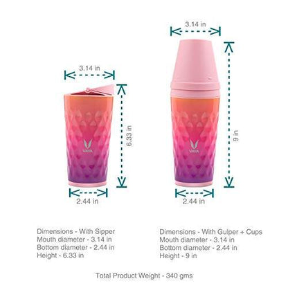 Drynk 350 ml 3 in 1 Vacuum Insulated Stainless Steel Gulper and Sipper Water Bottle (Tumbler+Sipper+Gulper) with 2 Cups, Thermos Flask