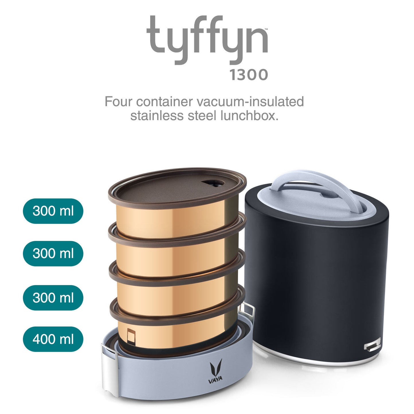 Tyffyn Jumbo Copper-Finished Stainless Steel Lunch Box Without Bagmat, 1300 ml, 4 Containers