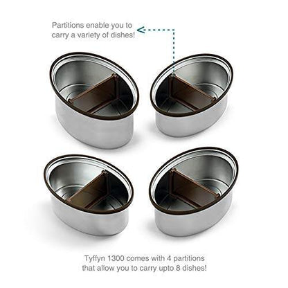 Tyffyn Jumbo Black Polished Stainless Steel Lunch Box Without Bagmat, 1300 ml, 4 Containers, Black