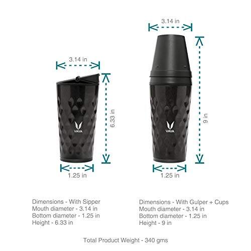 Drynk 350 ml 3 in 1 Vacuum Insulated Stainless Steel Gulper and Sipper Water Bottle (Tumbler+Sipper+Gulper) with 2 Cups, Thermos Flask
