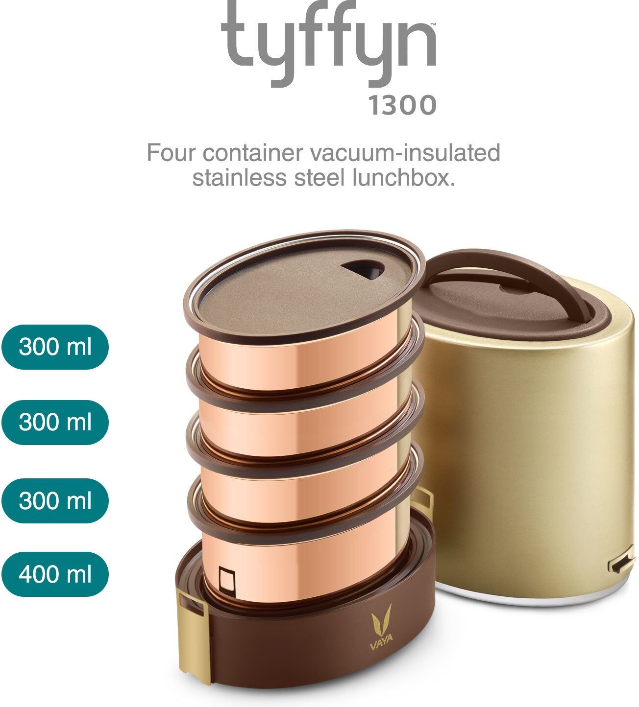 Tyffyn Jumbo Copper-Finished Stainless Steel Lunch Box Without Bagmat, 1300 ml, 4 Containers