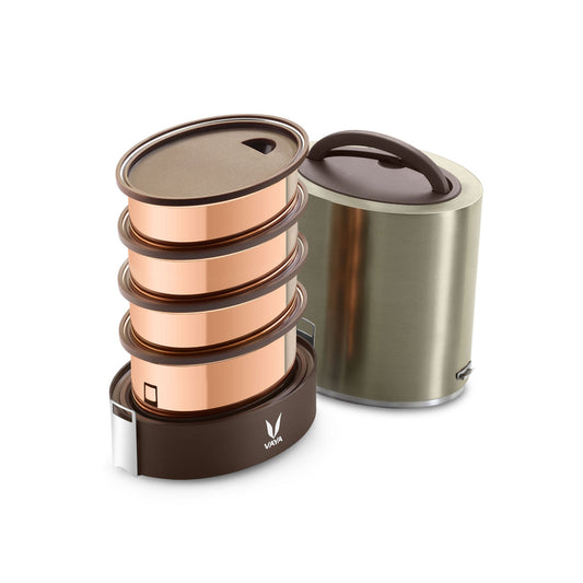 Tyffyn Jumbo Copper-Finished Stainless Steel Lunch Box Without Bagmat, 1300 ml, 4 Containers