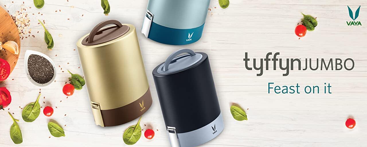 Tyffyn Jumbo Black Polished Stainless Steel Lunch Box Without Bagmat, 1300 ml, 4 Containers, Black