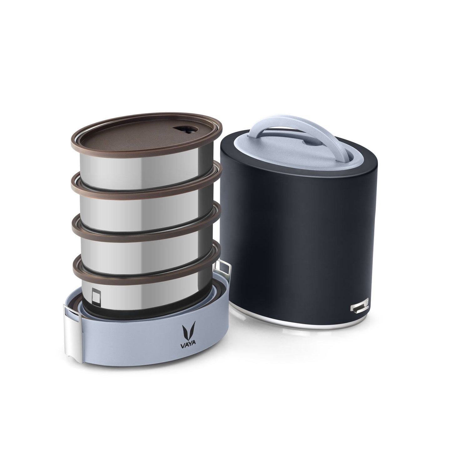 Tyffyn Jumbo Black Polished Stainless Steel Lunch Box Without Bagmat, 1300 ml, 4 Containers, Black