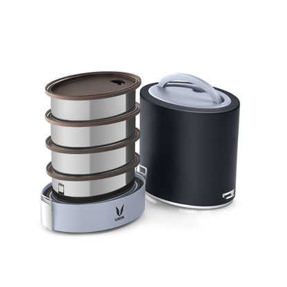 Tyffyn Jumbo Black Polished Stainless Steel Lunch Box Without Bagmat, 1300 ml, 4 Containers, Black