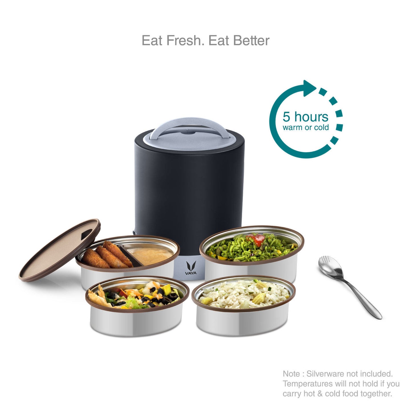 Tyffyn Jumbo Black Polished Stainless Steel Lunch Box Without Bagmat, 1300 ml, 4 Containers, Black