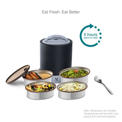 Tyffyn Jumbo Black Polished Stainless Steel Lunch Box Without Bagmat, 1300 ml, 4 Containers, Black