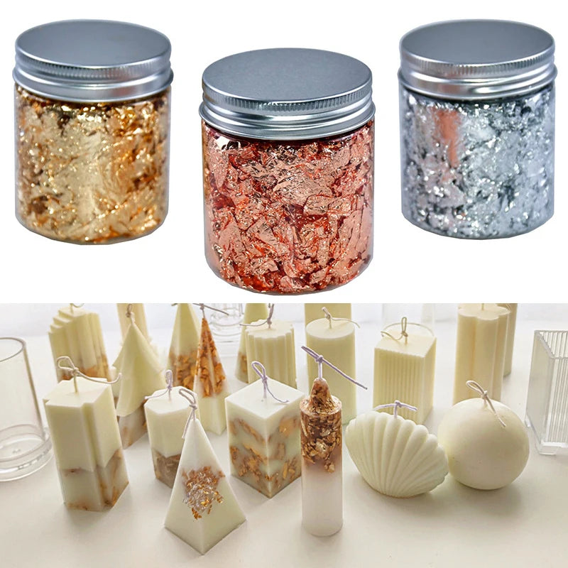 Serpihan Kerajang Emas, Perak &amp; Mawar Emas – 1g-3g Daun Metalik untuk Membuat Lilin, Kraf &amp; Hiasan DIY