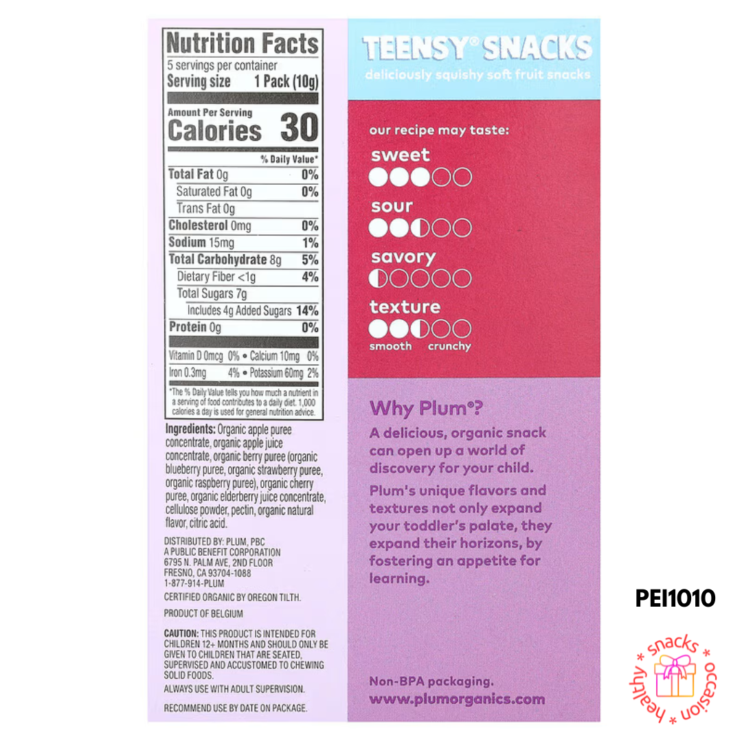 Organik Plum, Snek Remaja, Snek Buah Lembut, Tots 12+ Bulan, Beri Campuran, Set 5 Pek