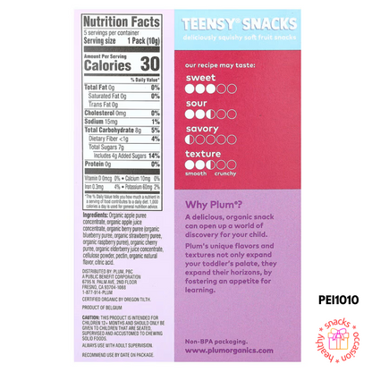 Organik Plum, Snek Remaja, Snek Buah Lembut, Tots 12+ Bulan, Beri Campuran, Set 5 Pek