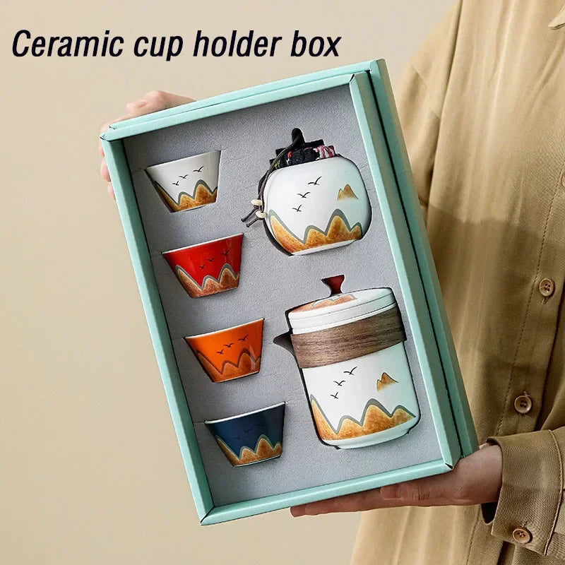 Elegant Chinese-Style Ceramic Tea Set – 4 Cups, Teapot & Tea Canister in Gift Box