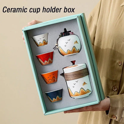 Elegant Chinese-Style Ceramic Tea Set – 4 Cups, Teapot & Tea Canister in Gift Box
