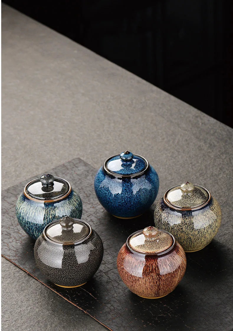 Tin Teh Tekstur Bercat Dimeterai Balang Penyimpanan Caddy Teh Seramik dengan Penutup Meja Kopi Hiasan Meja Balang Umum Tin Candy