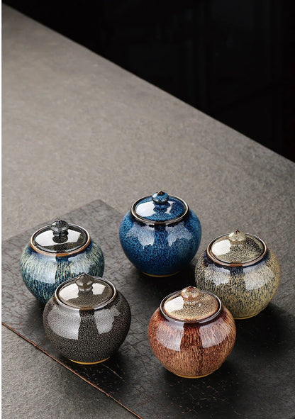 Tin Teh Tekstur Bercat Dimeterai Balang Penyimpanan Caddy Teh Seramik dengan Penutup Meja Kopi Hiasan Meja Balang Umum Tin Candy