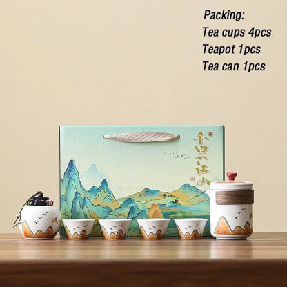 Elegant Chinese-Style Ceramic Tea Set – 4 Cups, Teapot & Tea Canister in Gift Box