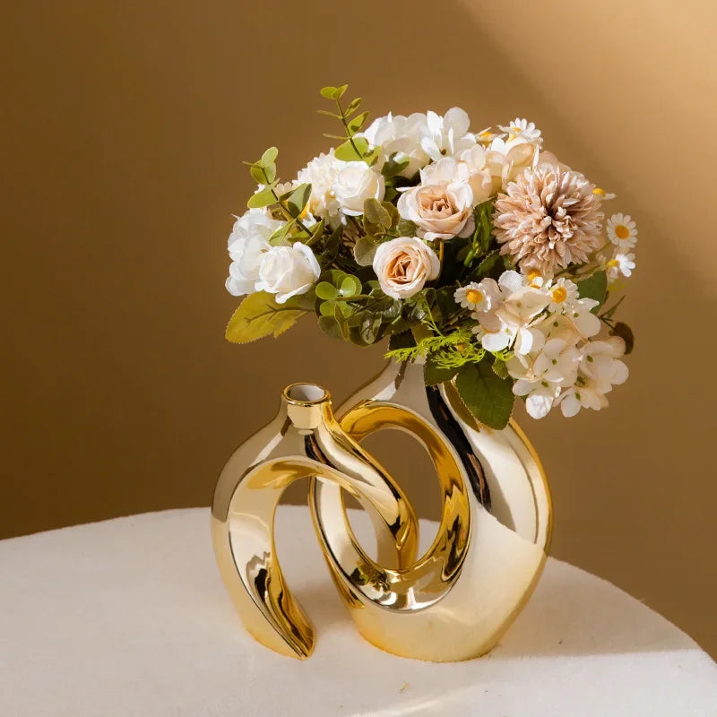 Hollow Out Embrace Ceramic Vase – Modern Irregular Cross-Shaped Tubular Design