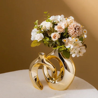 Hollow Out Embrace Ceramic Vase – Modern Irregular Cross-Shaped Tubular Design