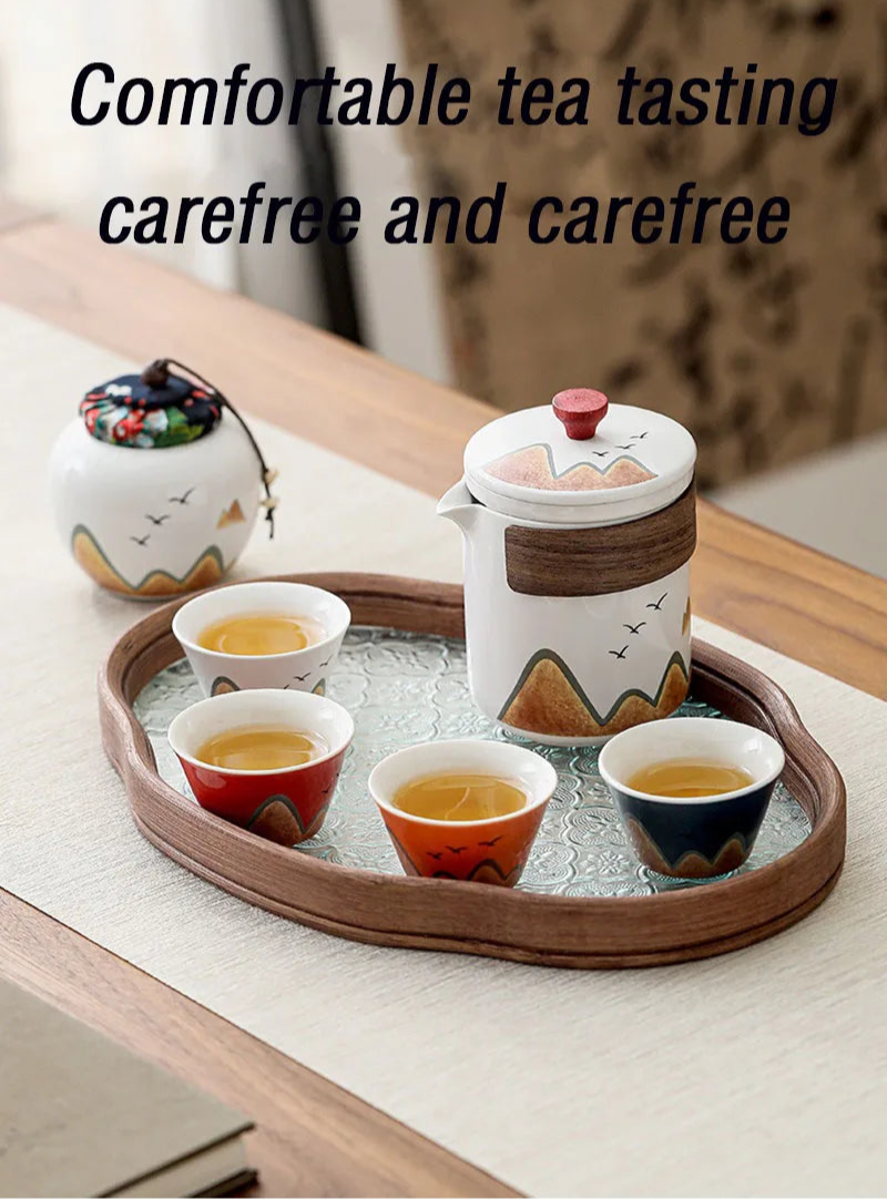 Elegant Chinese-Style Ceramic Tea Set – 4 Cups, Teapot & Tea Canister in Gift Box