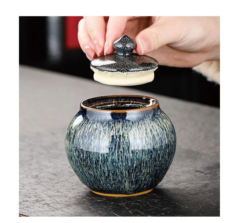 Tin Teh Tekstur Bercat Dimeterai Balang Penyimpanan Caddy Teh Seramik dengan Penutup Meja Kopi Hiasan Meja Balang Umum Tin Candy