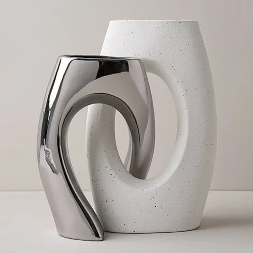 Hollow Out Embrace Ceramic Vase – Modern Irregular Cross-Shaped Tubular Design