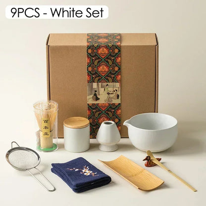 9PCS Japanese Matcha Set with Ceramic Bowl Bamboo Matcha Whisk and Tea Scoop for Tea Lovers Gifts Tea-Making Tools Accessories