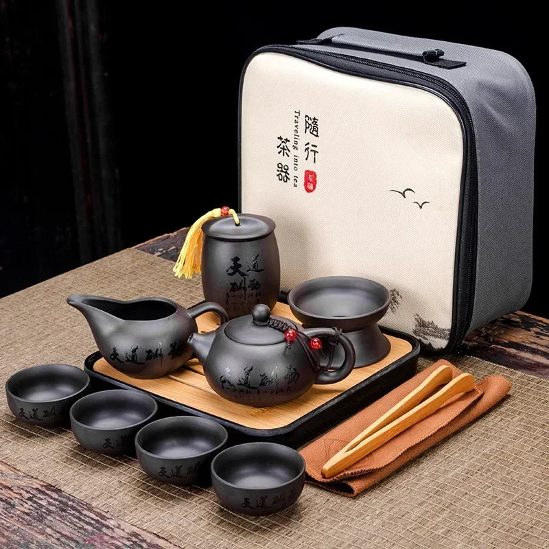 Chinese Kung Fu Tea Set Sand Ceramic Teapot Set Travel Kong Fu Tea Kit Gift Porcelain Purple Sand Pot Infuser Ceramic Tea Set