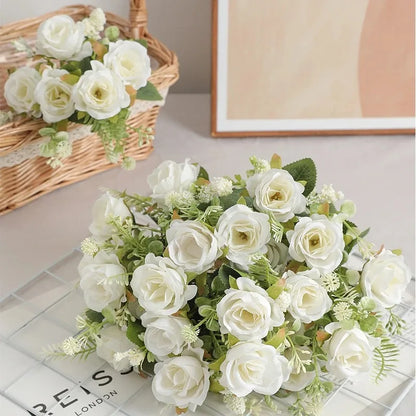 30cm Rose White Silk Bouquet Peony Artificial Flower 5 Big Head 4 Small Bud Wedding Brides Home Decoration Artificial Flower