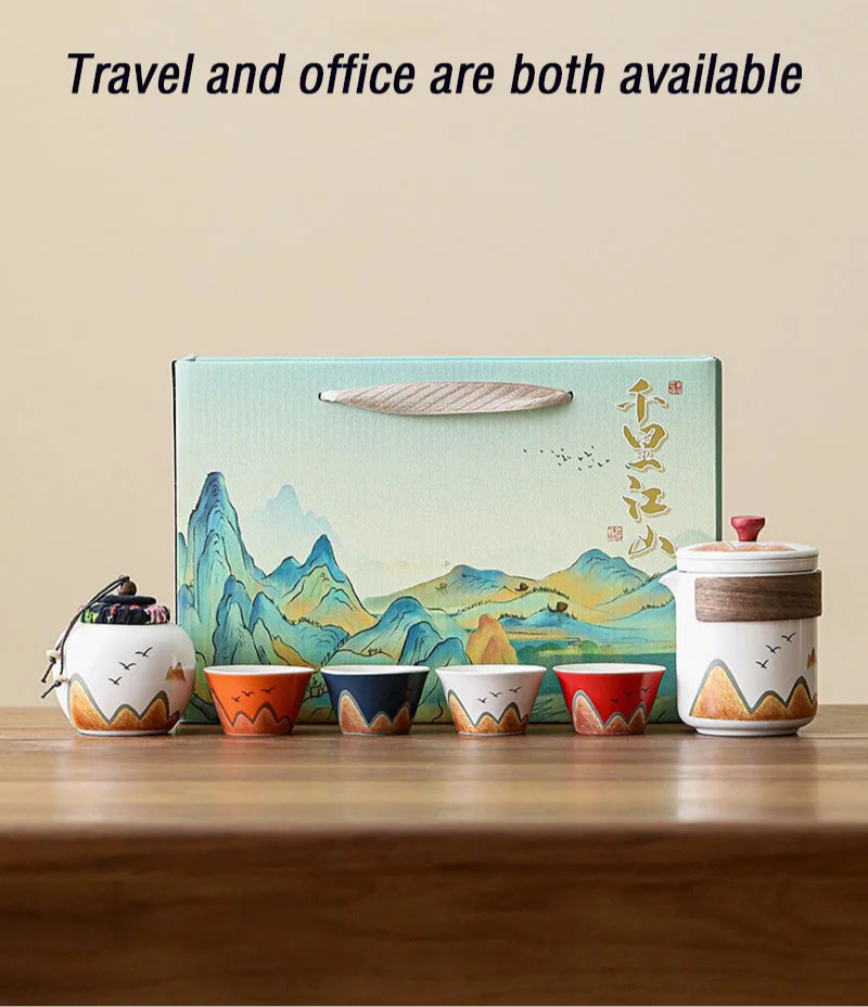 Elegant Chinese-Style Ceramic Tea Set – 4 Cups, Teapot & Tea Canister in Gift Box