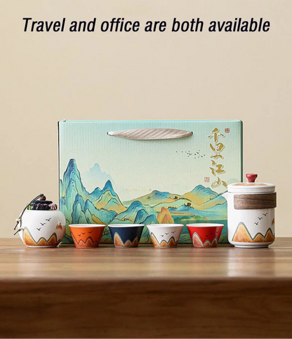 Elegant Chinese-Style Ceramic Tea Set – 4 Cups, Teapot & Tea Canister in Gift Box
