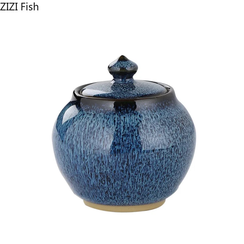 Tin Teh Tekstur Bercat Dimeterai Balang Penyimpanan Caddy Teh Seramik dengan Penutup Meja Kopi Hiasan Meja Balang Umum Tin Candy