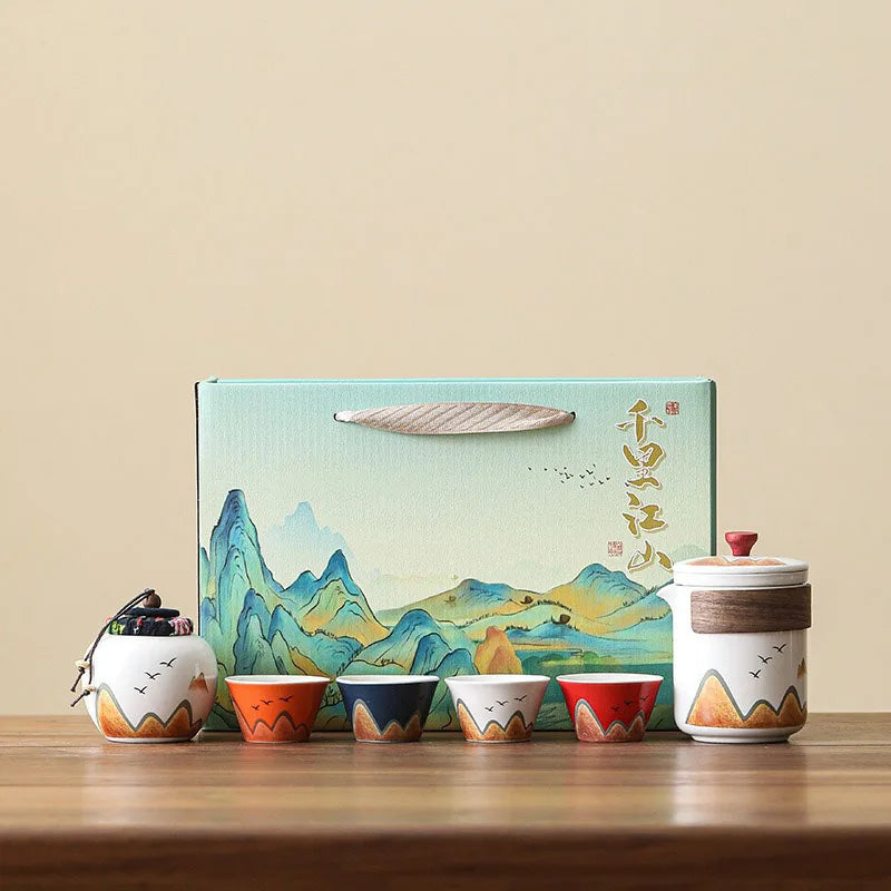 Elegant Chinese-Style Ceramic Tea Set – 4 Cups, Teapot & Tea Canister in Gift Box